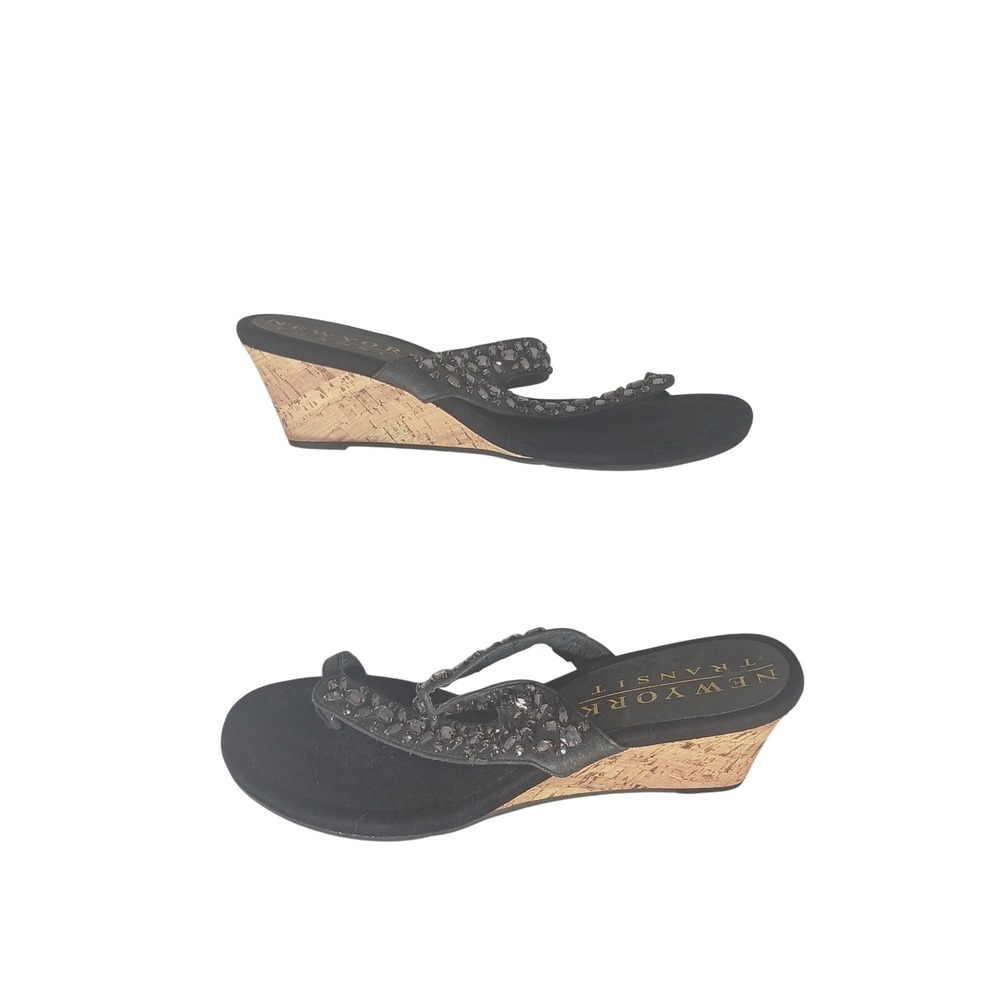 New York Transit Wedge Sandals 10 Black Great Valor‎ Rhinestone Cork Slide Shoes
